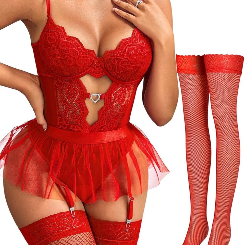 Womens Lingerie Set Sexy Lace Bodysuit with Detachable Mesh Mini Skirt Push up G